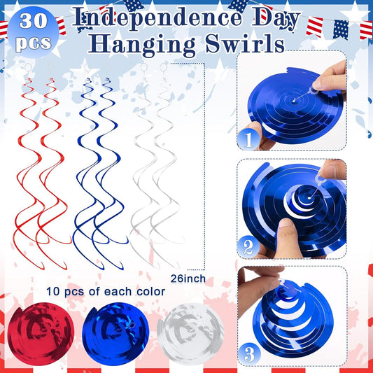 30 pcs Hanging Swirl Decorations Plastic Streamer Ceiling Swirls Party Decorations for 4th of July, Patriot Day, Veterans Day (Blue Red Sliver)