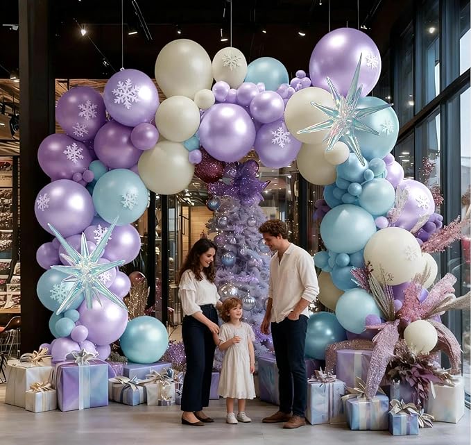 Frozen Balloon Garland Arch Kit, Double Stuffed Purple Blue White Pearl Balloons with Iridescent Star Foils for Birthday Christmas Baby Shower Frozen Wedding Winter Party Decorations