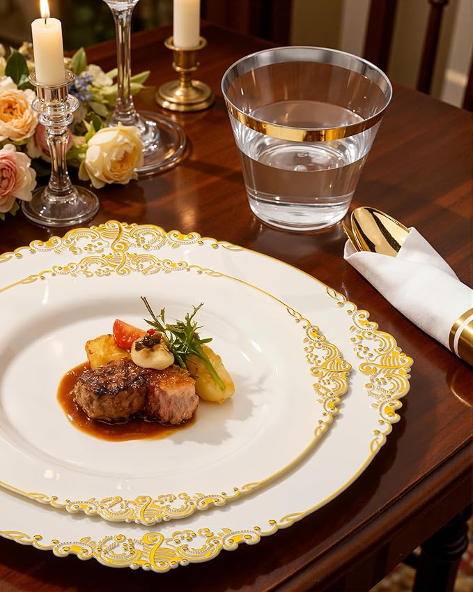 Nervure 100PCS Ivory Plastic Plates - 10.25inch Ivory and Gold Disposable Plates - Heavyweight Dinner Plate for Wedding & Party