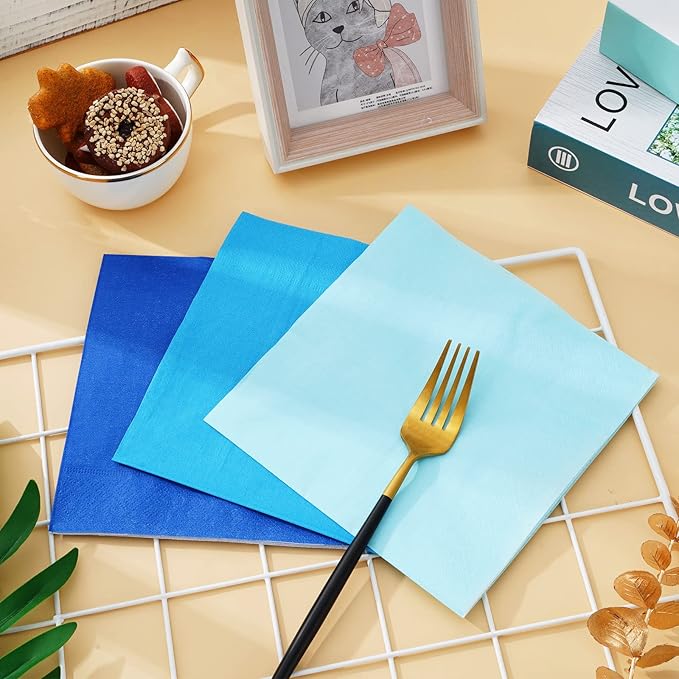 Whaline 150 Pack Blue Paper Napkins 6.5 x 6.5 Inch 3 Colors Luncheon Napkins Blue Theme Disposable Paper Napkins Dinner Napkins for Winter Party Celebration Supplies Table Decorations