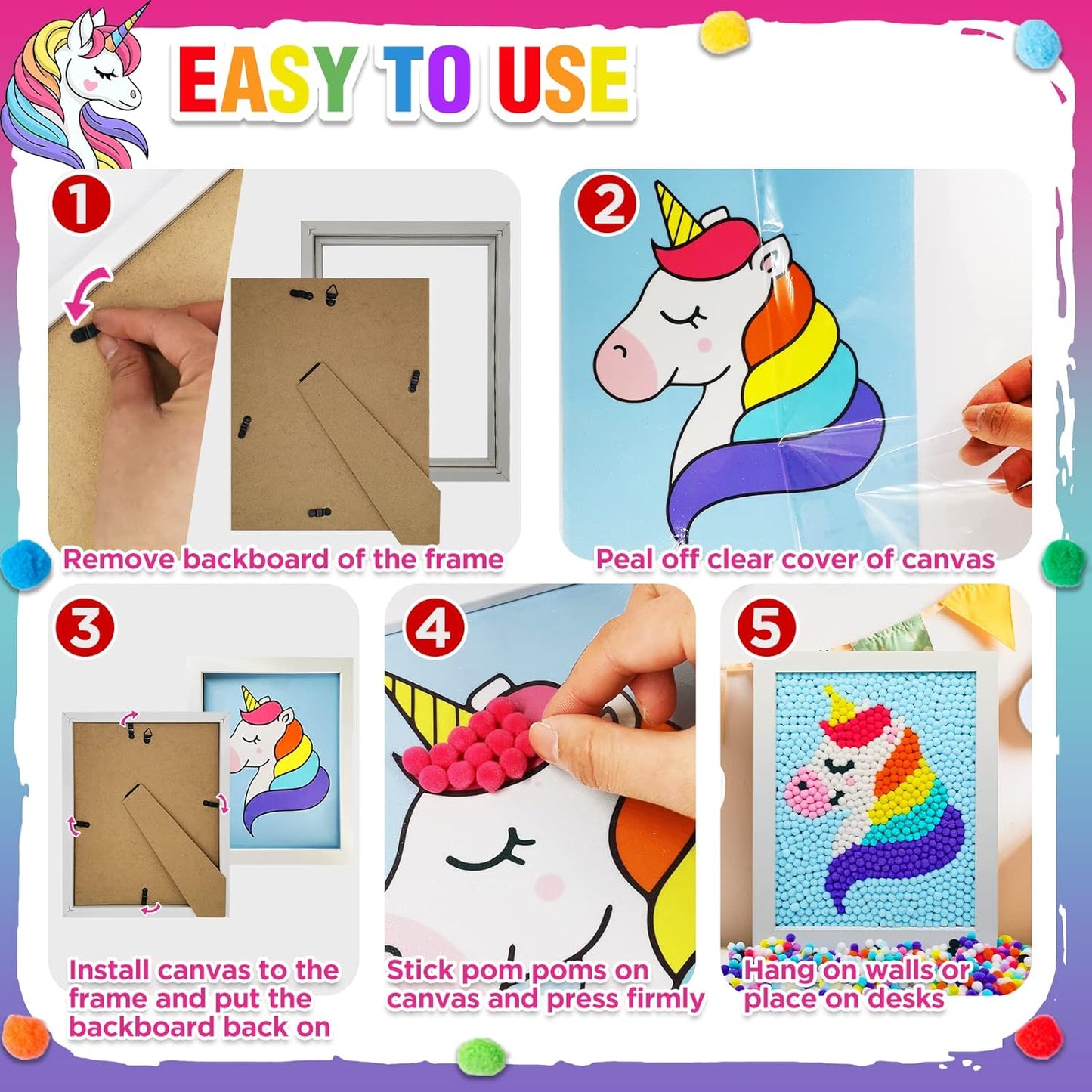 Funto Unicorn Pom Pom Painting Art Kit, 1100+ Pom Poms, Canvas and Sturdy Frame for Home Decor, Artistic Kid Crafts, Kids Painting Kit