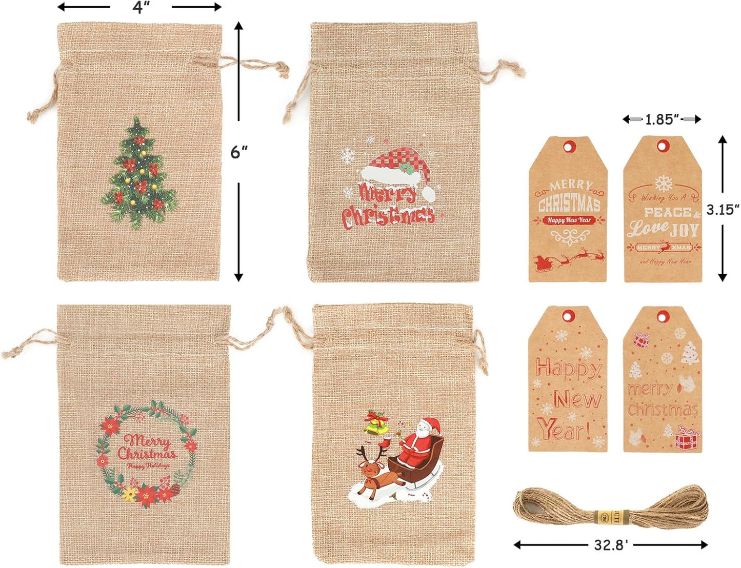 Tapleap Small Burlap Coth Christmas Gift Bags with Drawstring, 4x6 Inches (Lot of 40) with Tags, String, for Wrapping Holiday Party Favors or Gifts for, Kids Class, Coworkers, and Neighbor