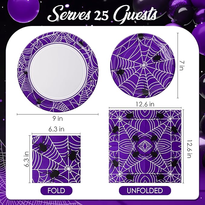 Paper Plates & Napkins, 25 Guest Disposable Party Supplies, Spider Webs and Spider Patterns Tableware Decorations Favors, 75pcs Including 9" & 7" Plates & Napkins for Halloween, Birthday, and Parties