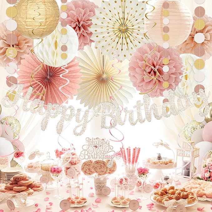 Boho-Pink Birthday Decorations, Happy Banner, Women Paper Lanterns Honeycomb, One Sweet Peach Streamers Garland, Retro Blush Pink Beige Metallic Gold Balloon for Birthdays Party Décor
