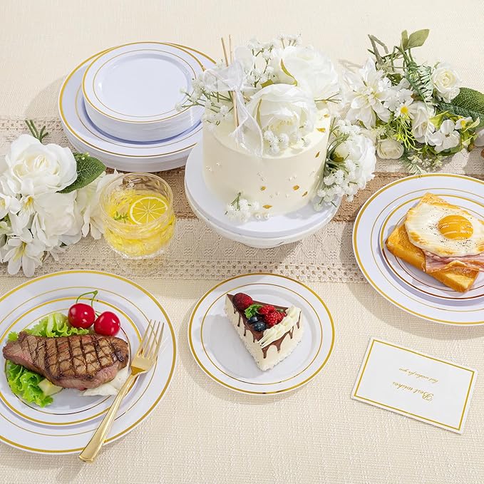 100Pcs Gold Plastic Dessert Plates, Plates Disposable Salad Plate with Gold Rim, Premium Hard Fancy Small Plate, Heavy Duty Plastic Cake Platos for Party, Wedding and Birthday