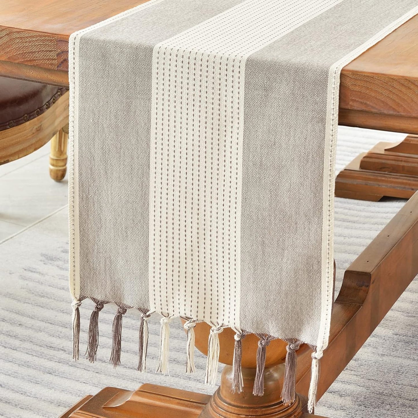 Wracra Linen Table Runner, Farmhouse Macrame Table Runners 60 Inches Long for Dining Table Decor, Wedding, Party and Dresser Decor (Dark Coffee,60")