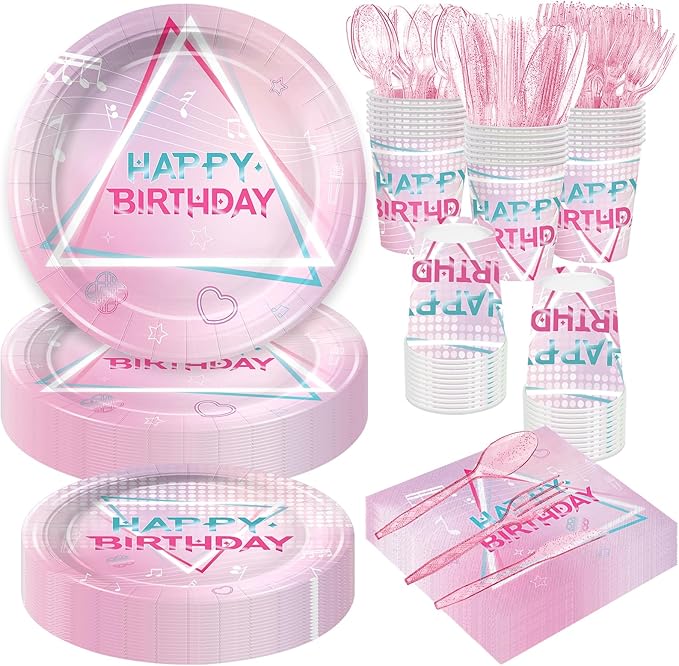 168Pcs Singer Party Supplies Tableware Set Party Plates Napkins Cups Knives Forks Spoons for Kids Boys Girls Birthday Party Decorations Serve 24