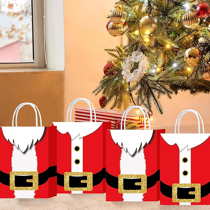 HongXingHai 16Pcs Fine Christmas Kraft Paper Gift Bags with Handles - Christmas Prints for Holiday, Xmas, Party Favors
