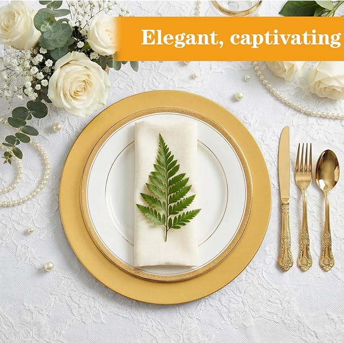 12 Pack Gold Plastic Charger Plates, 13" Round Gold Charger Plates for Wedding, Catering Event, Tabletop Decor