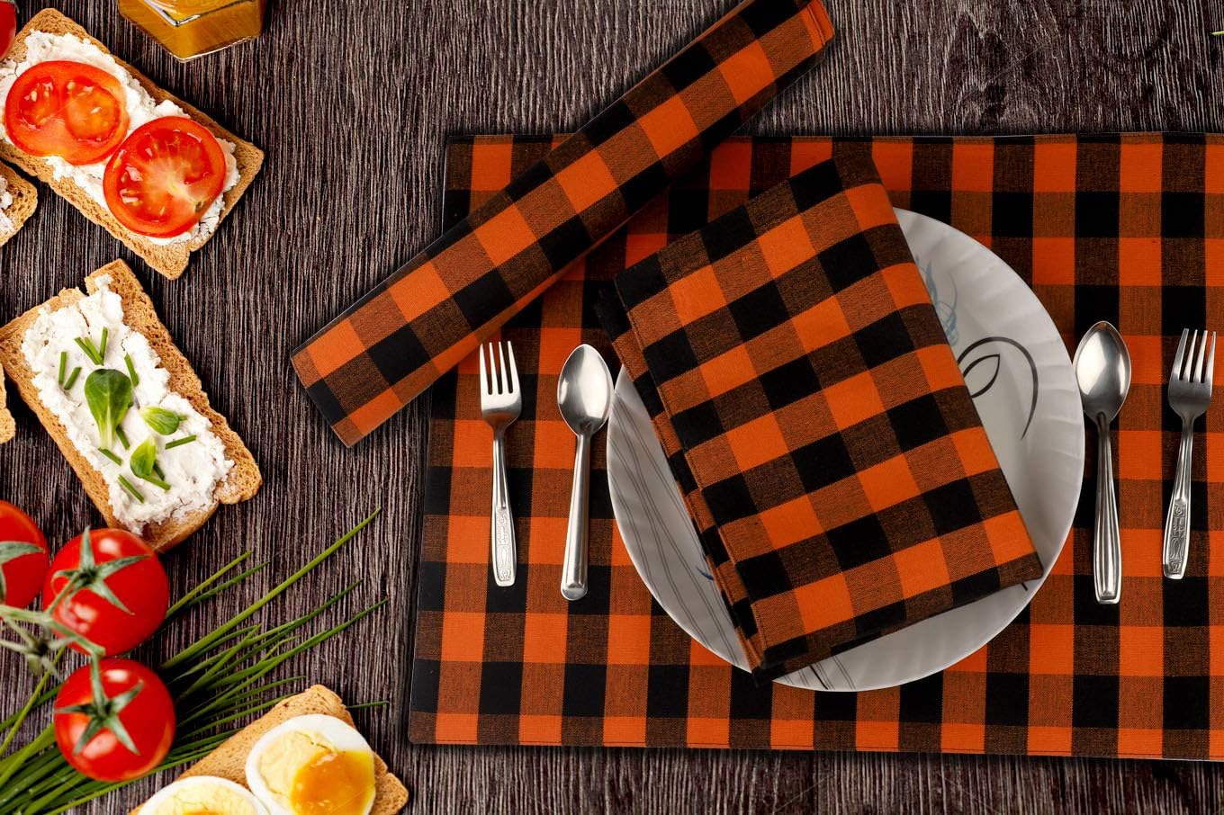 Urban Villa Halloween Placemats for Dining Table 100% Cotton Placemats 14''x20'' Over Sized Tablemats Set of 6 Placemats Orange/Black Color Buffalo Check Tablemats for Dinners Wedding PartiesPlacemats