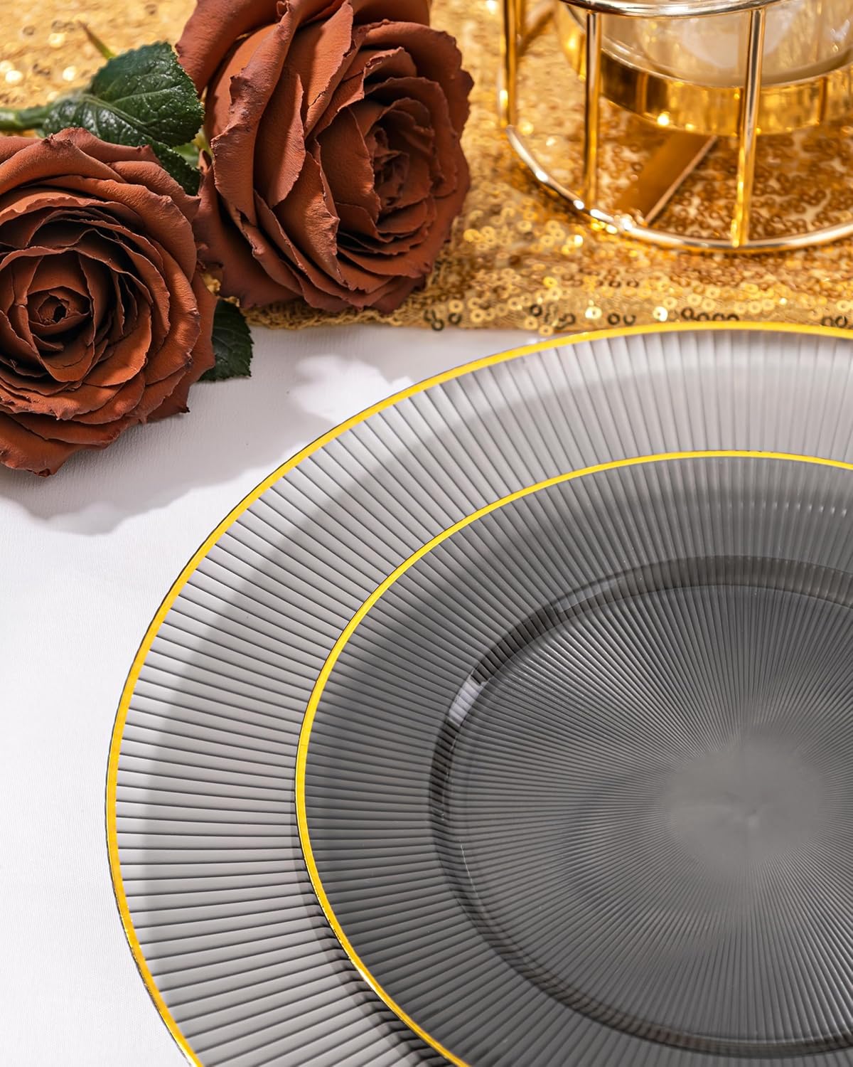 Hioasis 60pcs Black and Gold Plastic Plates - Black Disposable Dinnerware Set, 30pcs Dinner 10.25in & 30pcs Dessert 7.5in Plates with Striped Designs for Party & Halloween