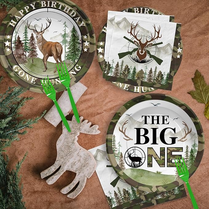 96Pcs Hunting Camo Birthday Party Decorations Hunting Camo Party Plates Disposable The Big One Paper Tableware Set for Gone Hunting Themed 1st Birthday Party Supplies, Serves 24