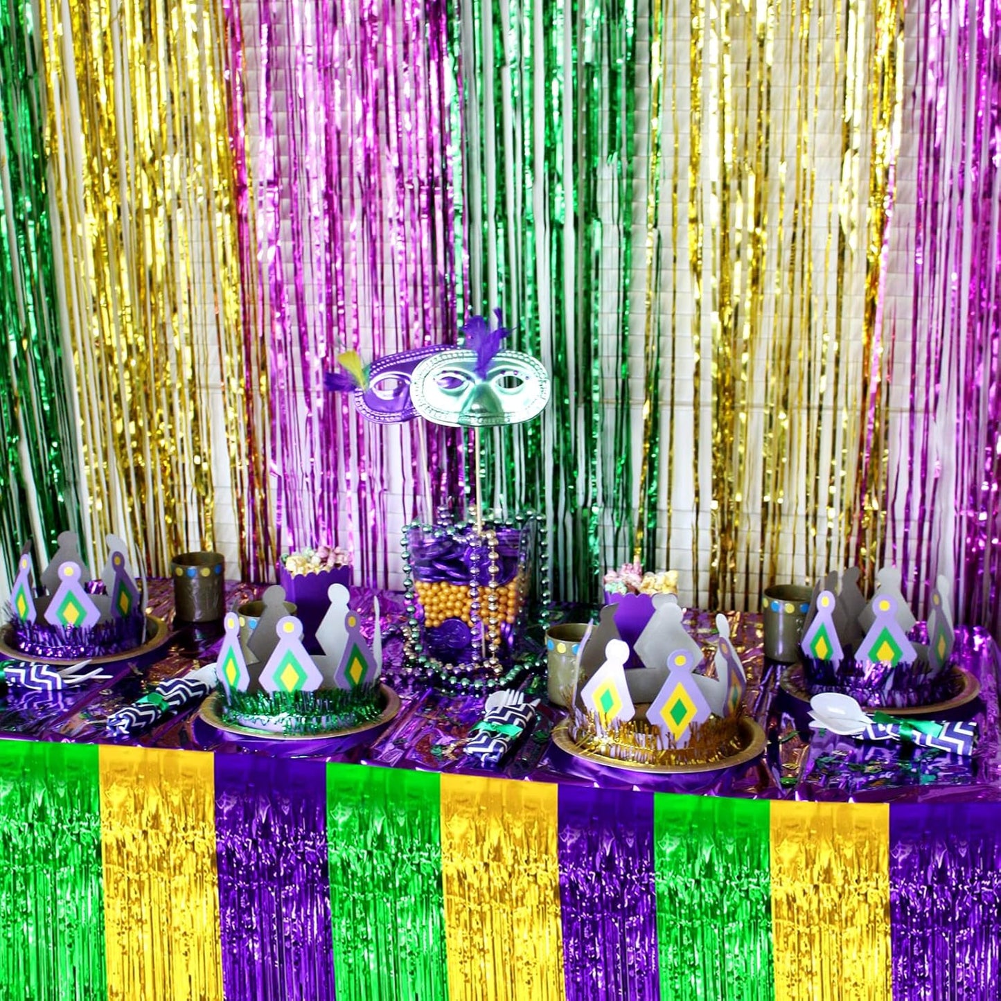 6 Pack 29x108 Inch Mardi Gras Metallic Foil Fringe Table Skirts Banner for Tinsel Streamer Garland Curtains Backdrop for Parade Floats Baby Shower Birthday Birthday Party Decoration(Gold Green Purple)
