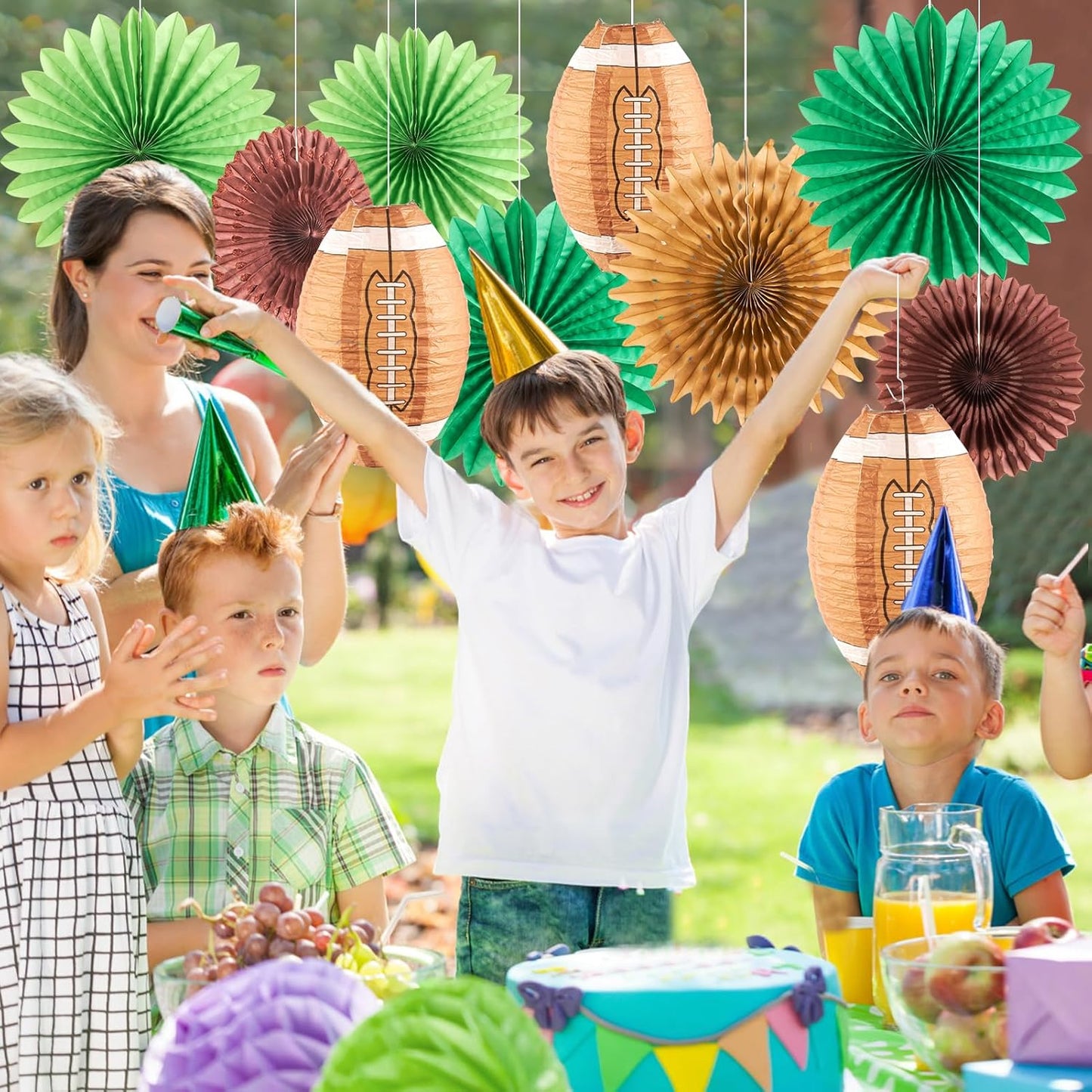 Football Party Decorations, Super Bowl Party Decorations, Football Paper Lanterns and Green Brown Hanging Paper Fans, for Boy's First Year Down Birthday Party Decorations