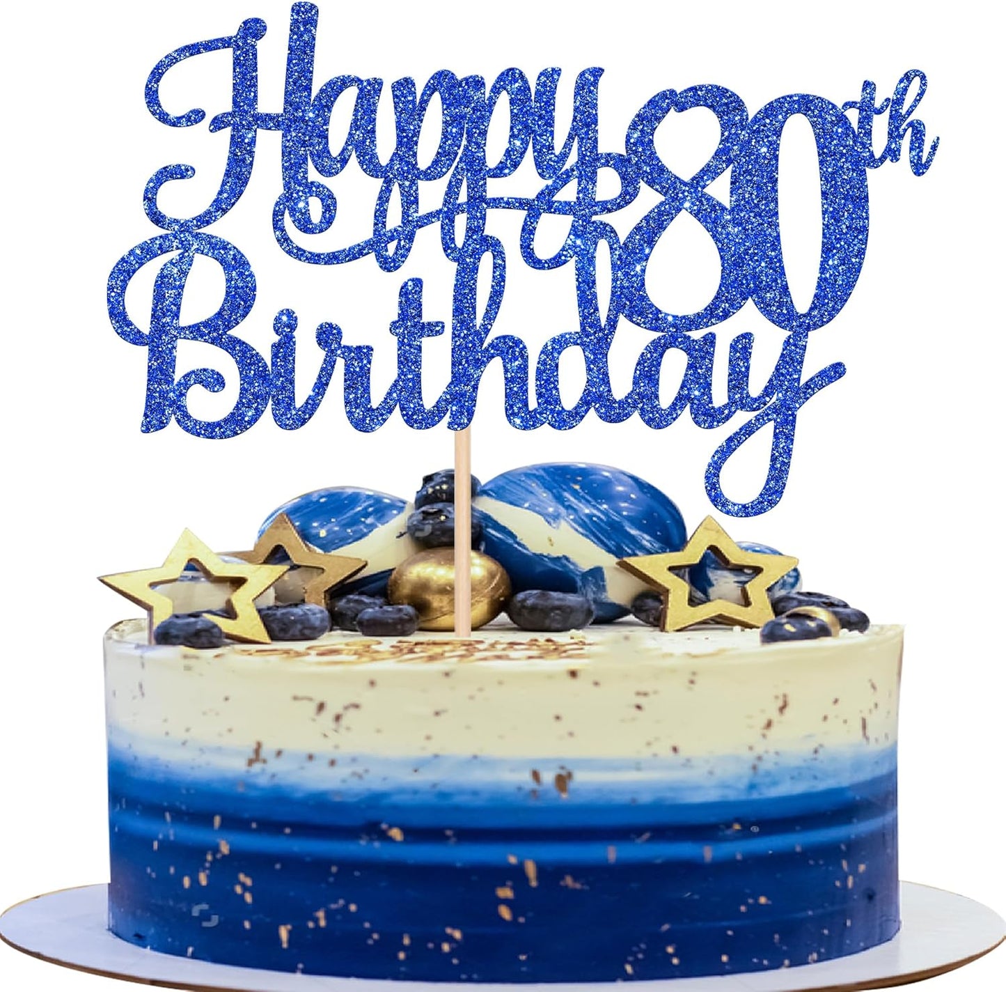 1 PCS Happy 80th Birthday Cake Topper Glitter Cheers to 80 Years Birthday Cake Pick Eighty 80 Fabulous Cake Decoration for Happy 80th Birthday Theme Party Decorations Supplies Blue