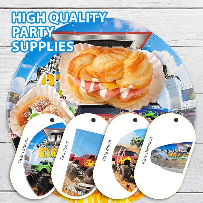 Grencian 96Pcs Monster Themed Truck Birthday Party Decorations Monster Themed Truck Plates and Napkins Forks Tableware for Kids Boys Car Birthday Party Decorations Serves 24