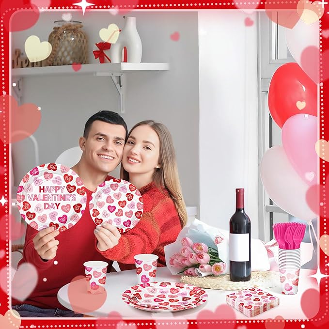 Layhit 350 Pcs Valentine's Day Tableware Sets Conversation Heart Paper Plates Valentines Plates Napkins Cups Disposable Pink Heart Candy Dinnerware for Valentine Weddings Birthday