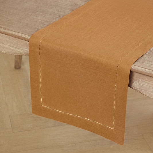 Solino Home Linen Table Runner 48 Inches - 100% Pure Linen Brown Sugar Hemstitch Table Runner 14 x 48 Inch Ideal for Dresser and Coffee Tables - Fall, Autumn, Thanksgiving - Classic Hemstitch