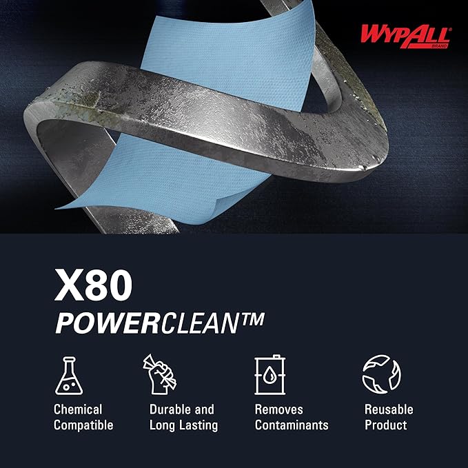 WypAll PowerClean X80 Cloths Heavy Duty Wipes (41043), Jumbo, Extended Use Towels, Blue (1 Roll of 475 Sheets, 475 Sheet Total)