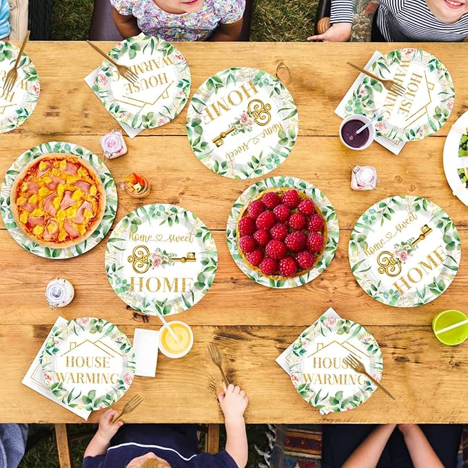 Grencian 200Pcs House Warming Party Decorations Housewarming Plates Disposable Home Sweet Home Plates Green Leaves Pink Floral Paper Tableware for New House Wedding Party Supplies, Serves 50