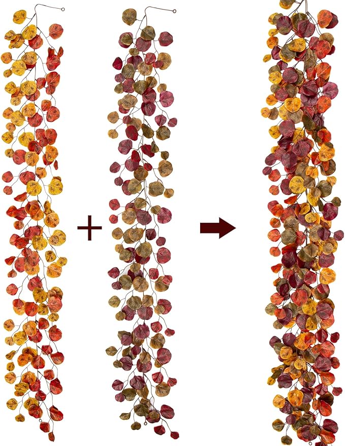 2 Pack Fall Garlands Artificial Eucalyptus Garland Plant, 6ft Faux Vine Hanging Silk Eucalyptus Leaves Fall Foliage Autumn Garland Decoration for Home Mantle Fireplace Wedding Thanksgiving Party Decor