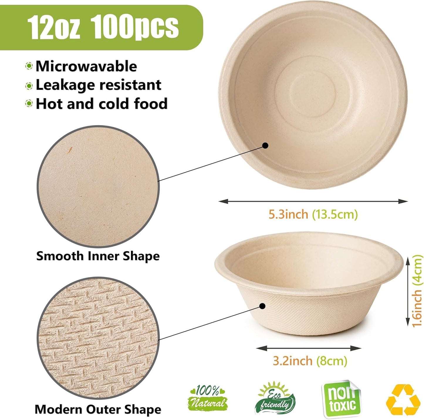 Green Swan Disposable Paper Bowls, 12 Oz [100 Pack] Large Bowl-100% Compostable, Biodegradable, Eco-Friendly Natural Colour Bowls - Convenient for Daily Use for Salad, Hot Soup, and Pasta