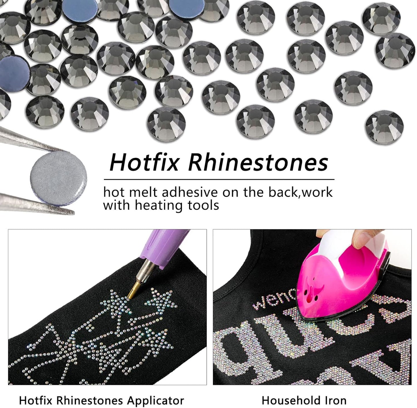 Beadsland Hotfix Rhinestones, 2880pcs Flatback Crystal Rhinestones for Crafts Clothes DIY Decoration, Black Diamond, SS10, 2.7-2.9mm