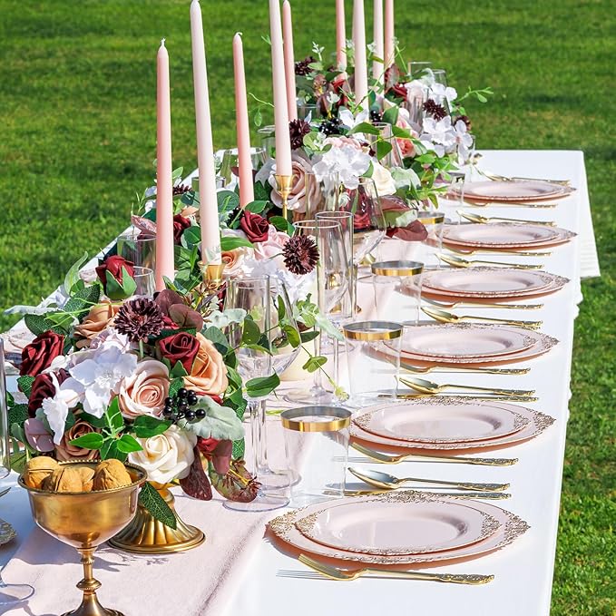 Nervure 175PCS Pink Plastic Plates - Disposable Pink Gold Party Plates & Pre Rolled Napkins with Cutlery for 25 Guests, 50Plates, 75Silverware, 25Cups, 25Napkin for Wedding & Party & Valentines