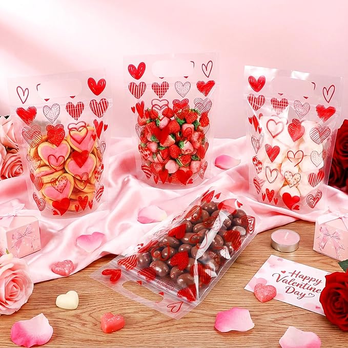 Blosssound 25 Pcs Valentine's Day Gift Bags Valentines Standing Plastic Reusable Red Heart Bag with Handles Galentines Day Wrapping Pouch for Classroom Wedding Birthday Party Favor (Mixed Valentines)