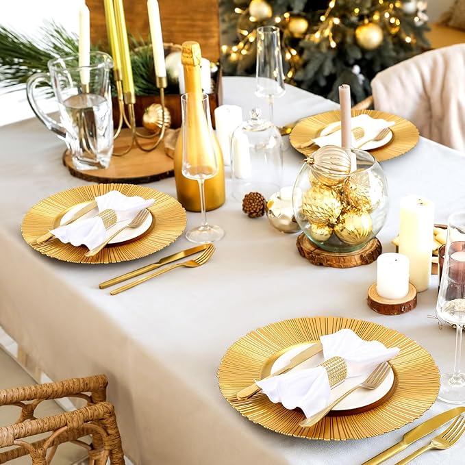 Tanlade 50 Set Bright Gold Charger Plates Bulk with Napkin Rings Plastic 13" Plate Charger Fluted Edge Wedding Decoration for Table Wedding Party Event(Sun)