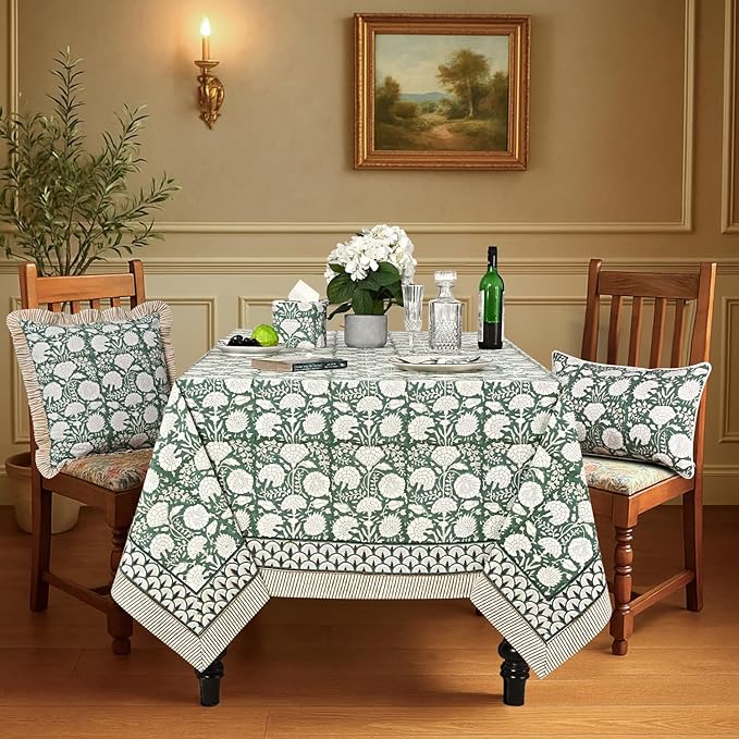Ridhi Hand Block Print Turquoise Moss Green Rectangle Cotton Tablecloth 190" x 72" Reusable Table Cover Decorative Everyday Use for Dining, Farmhouse, Home Gift for Spring, Easter, Valentine