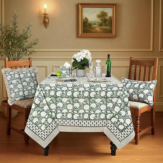 Ridhi Hand Block Print Turquoise Moss Green Rectangle Cotton Tablecloth 90" x 60" Reusable Table Cover Decorative Everyday Use for Dining, Farmhouse, Home Gift for Spring, Easter, Valentine