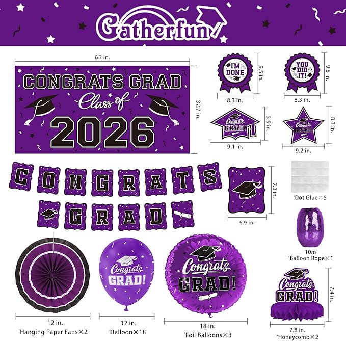 Purple Themed 2026 Graduation Decorations Set - Congrats Grad Banner, Class of 2026 Backdrop, Balloons & Streamers Kit - Complete Party Supplies for High School & College Celebrations