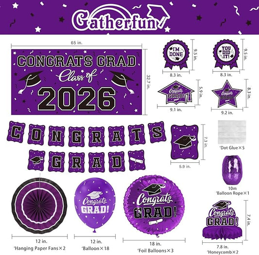 Purple Themed 2026 Graduation Decorations Set - Congrats Grad Banner, Class of 2026 Backdrop, Balloons & Streamers Kit - Complete Party Supplies for High School & College Celebrations