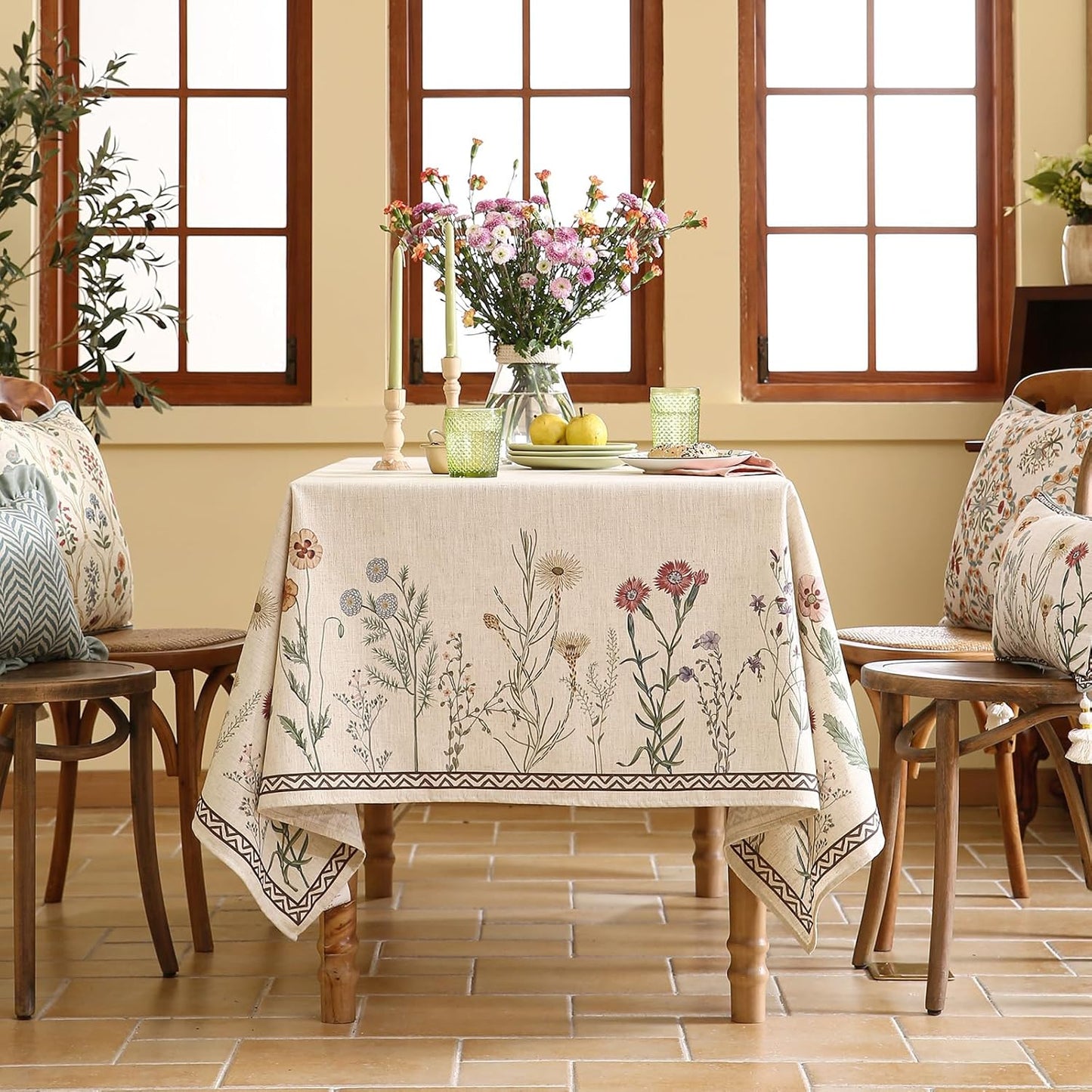 ISAENNE Designer Off White Linen Small Square Tablecloth,Floral Elegant Table Cloth,Stain Resistant Vintage Decor Tablecloths for Dining Thanksgiving Kitchen Christmas,55"*55"-Serenity G