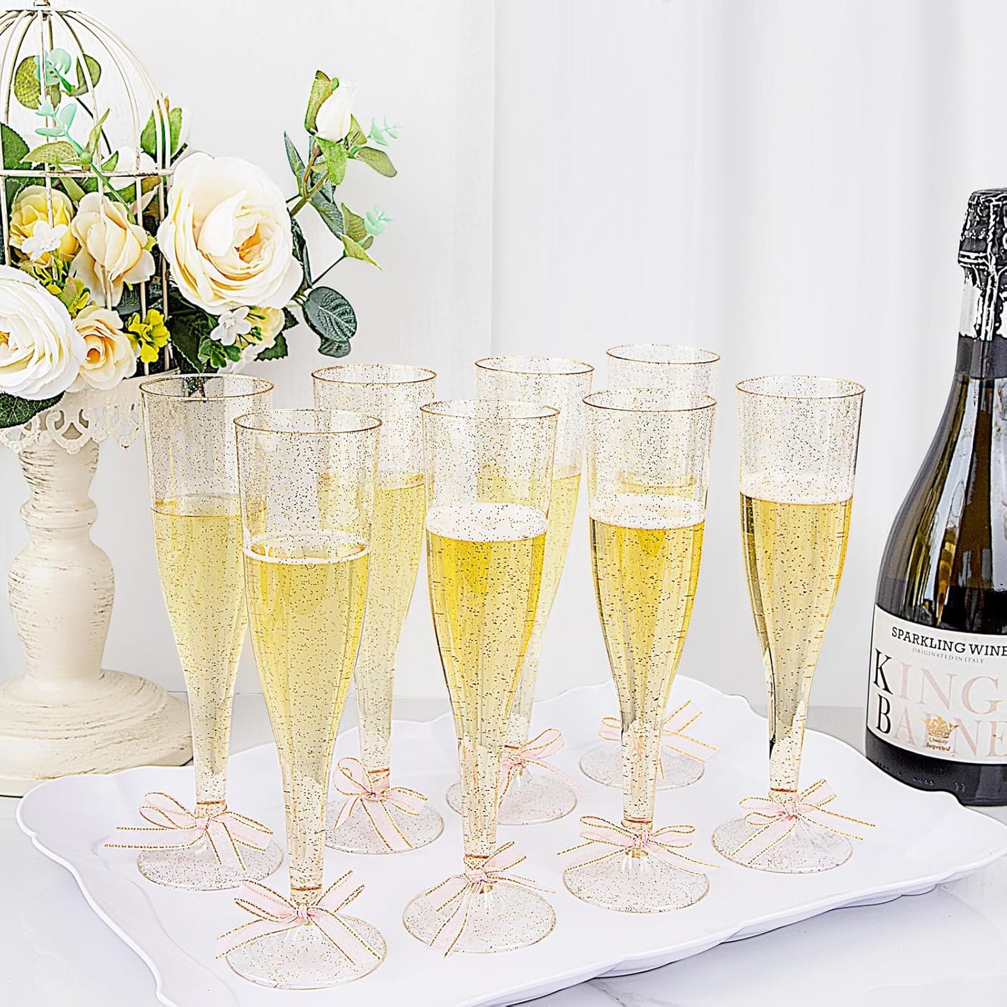 WDF 36 Pack Gold Glitter Plastic Champagne Flutes - 7OZ Disposable Gold Champagne Glasses Plastic for Thanksgiving Party, Wedding, New Year