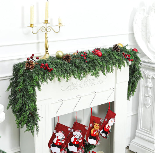 Christmas Cedar Garland with Soft Thickness Pine,Thick and Lush,Artificial Green Faux Cedar Pine Garland for Christmas Winter Home Mantel Fireplace Holiday Party Décor (9FT)