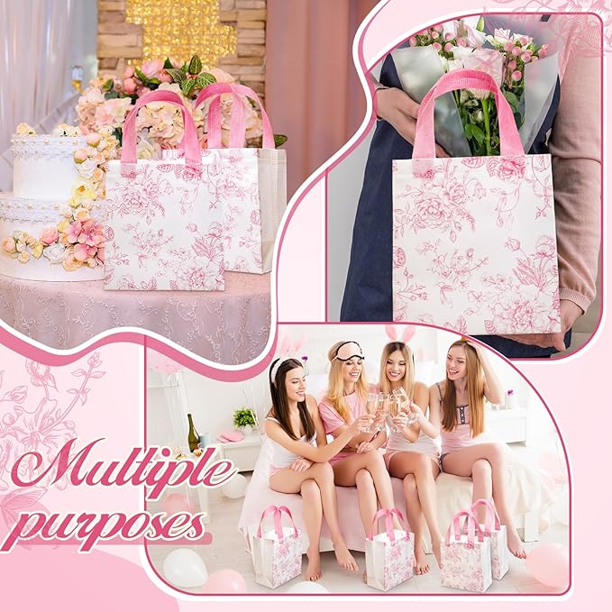 Sweetude 16 Pcs Mother's Day Pink Floral Gift Bags with Handle Flower Non-woven Reusable Tote Bags for Wedding Birthday Baby Shower Party Favor Easter