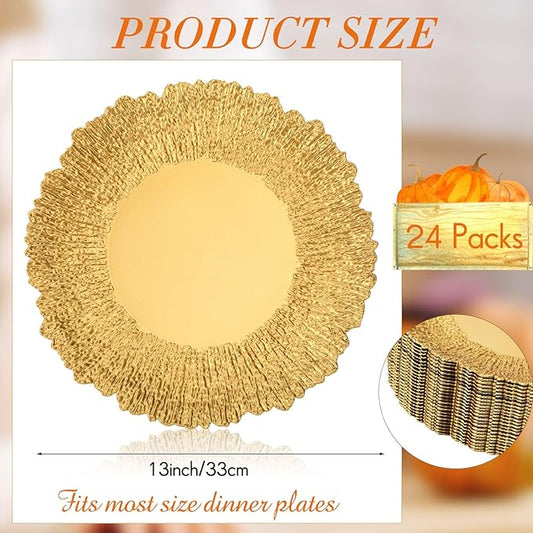 24 Pack Metallic Charger Plates 13inch Round Elegant Serving Plates Plastic Disposable Chargers Bulk Dinnerware Set for Dinner Wedding Party Events Catering Decoration (Gold,Embossed Rim)