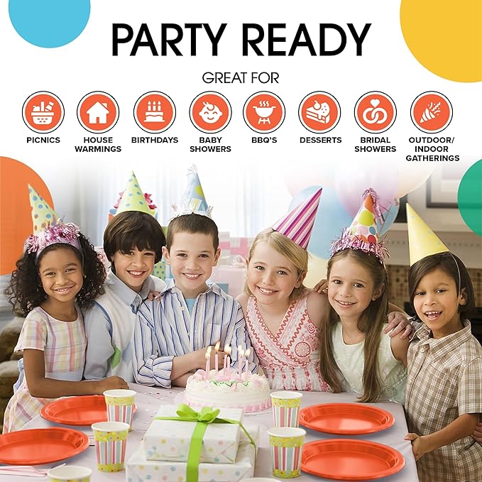 Party Solids Orange Plastic Plates For Party Supplies, Orange Disposable Plates 100 Pieces - 50-7" & 50-9" Heavy Duty 350 GSM Disposable Dinnerware Sets, Plastic Dinnerware Sets