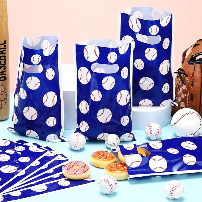 Frienda 100 Pcs Baseball Treat Bags with Handles, Blue White Plastic Baseball Party Favors Bag Baseballs Snacks Bags for Candy Small Gifts, Team Events Birthday and Sports Celebrations Decorations