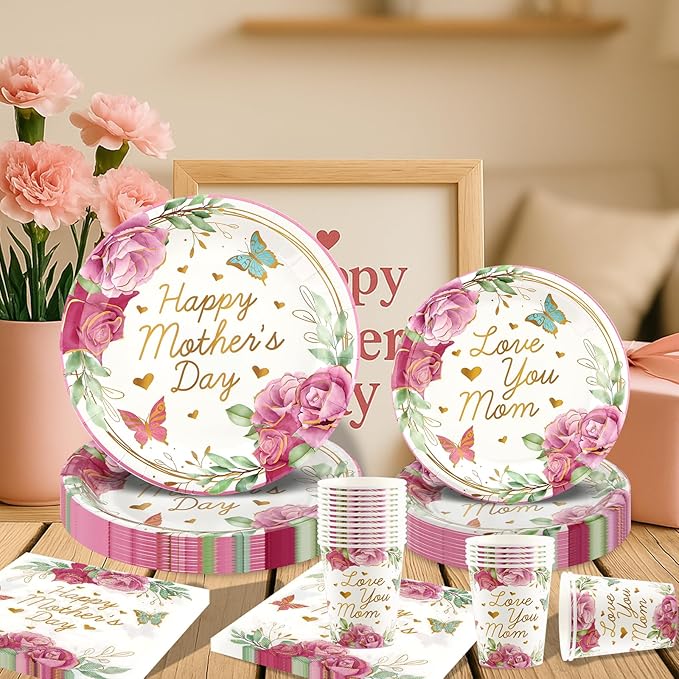 Mothers Day Decorations Happy Mother's Day Party Supplies Set for 24-Disposable Paper Plates, Napkins, Cups, Mother's Day Celebration Party Decor for Outside, Picnic