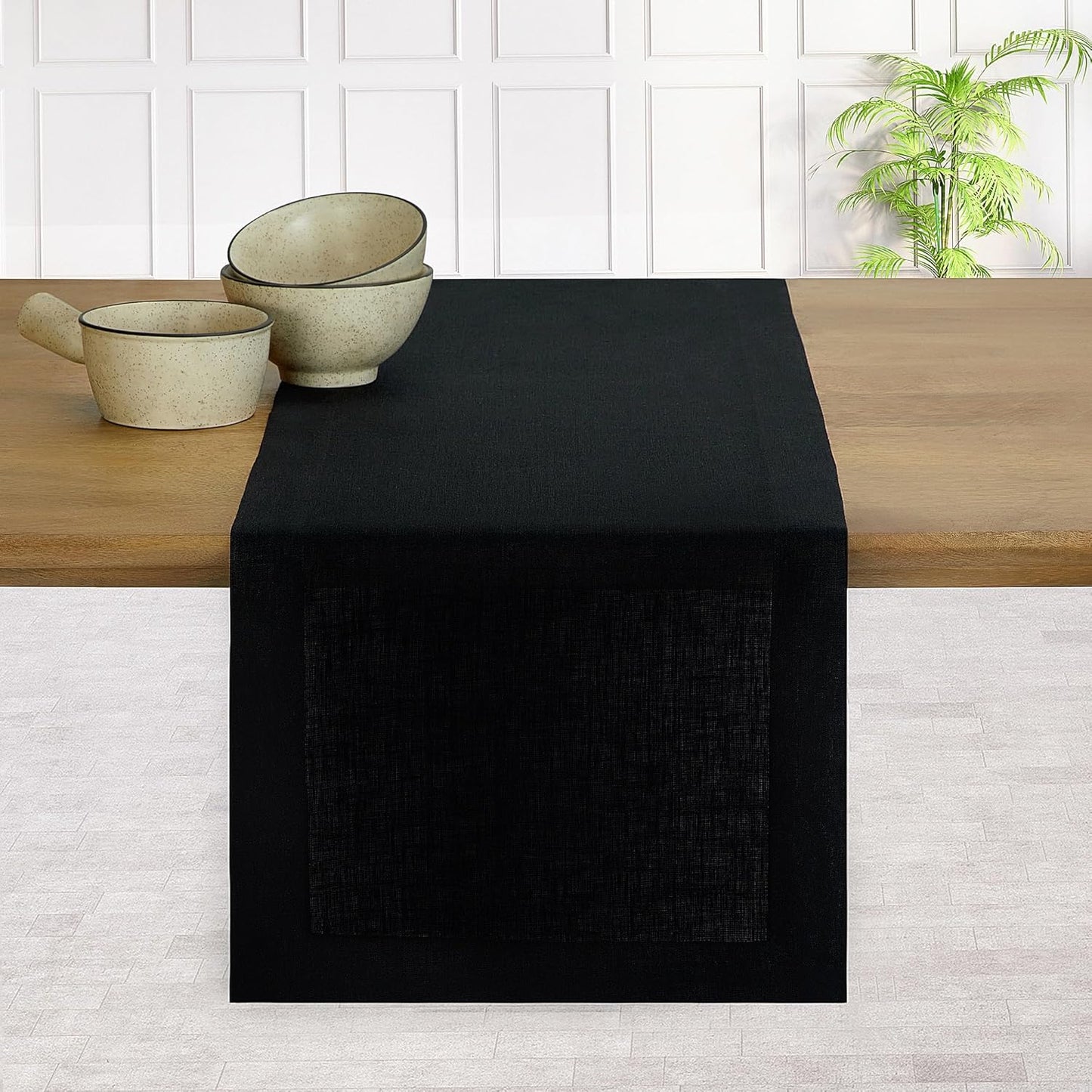 D'Moksha Homes Linen Black Table Runner 60 Inches - 100% Pure Linen Short Table Runner 14 x 60 Inch for Coffee Tables, Dresser, Fall, Autumn and Halloween - Machine Washable