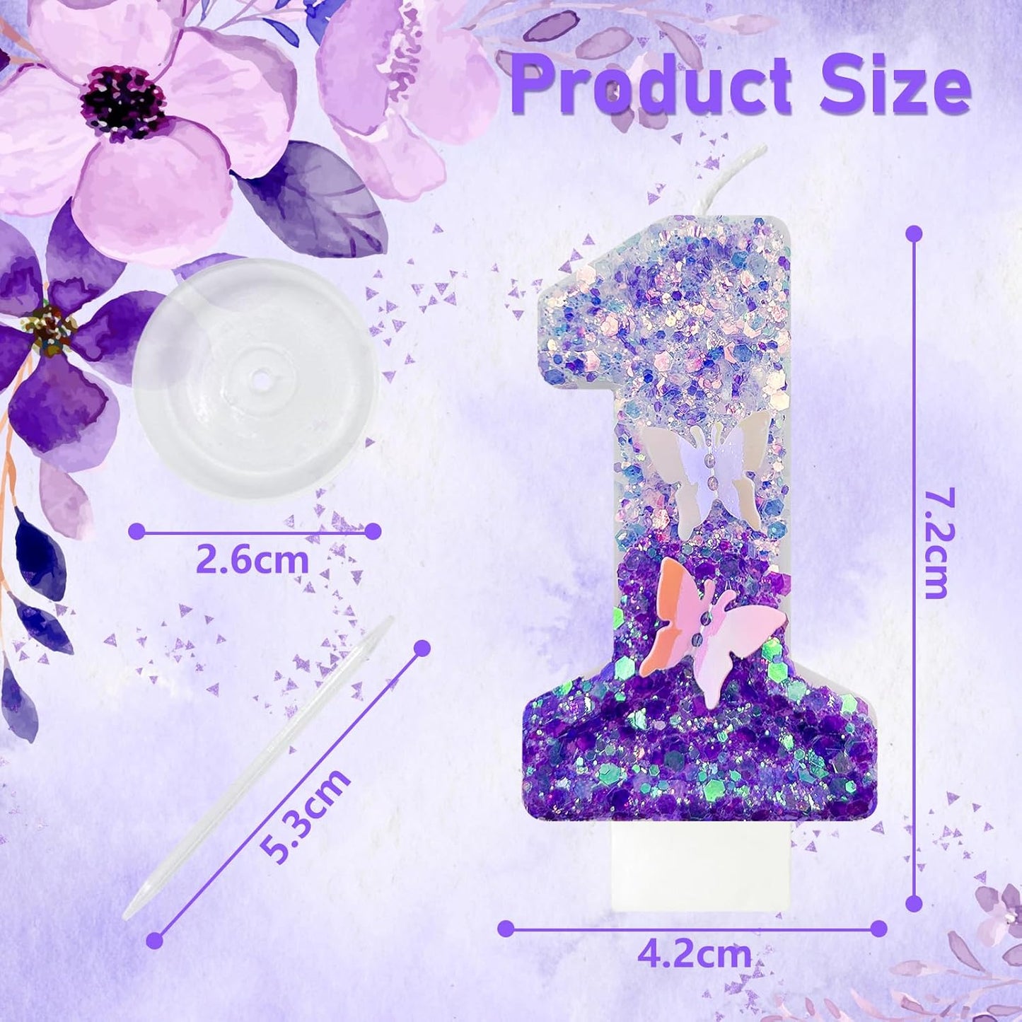 1Th Birthday Candle for Cake，Butterfly Cake Toppers，Butterfly Birthday Decorations，Purple Birthday Candles，for Birthdays,Theme Parties, Celebration, Anniversary