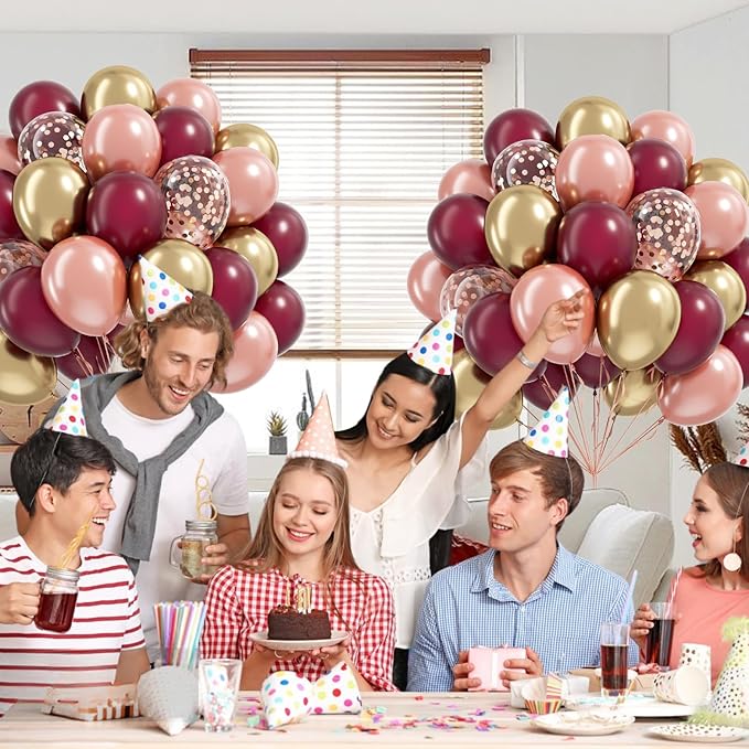 60pcs Burgundy and gold Balloons 12inch with Maroon Pearl Rose Gold Confetti Metallic Gold Balloons for Wedding Bridal Shower Anniversary Birthday Party Decorations