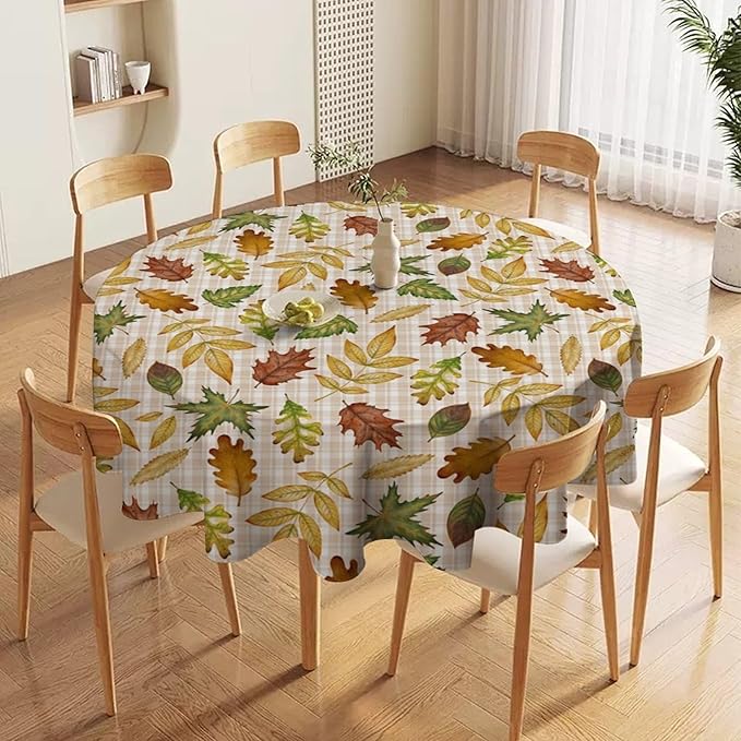 YCness Autumn Maple Leaves Tablecloth, Thanksgiving Autumn Harvest Watercolor Ginkgo Biloba Abstract Geometry Leaves Table Cover for Party Picnic Dinner Decor 60x60 Inch Round