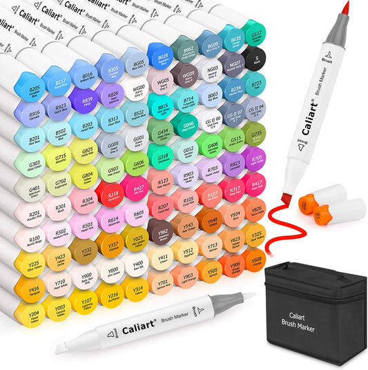 Caliart Alcohol Markers Brush Tip & Chisel, 101 Colors Dual Tip Art Markers for Adults Artists Sketch Illustration Coloring Book, Permanent Drawing Pen Set Art Supplies Christmas Gifts