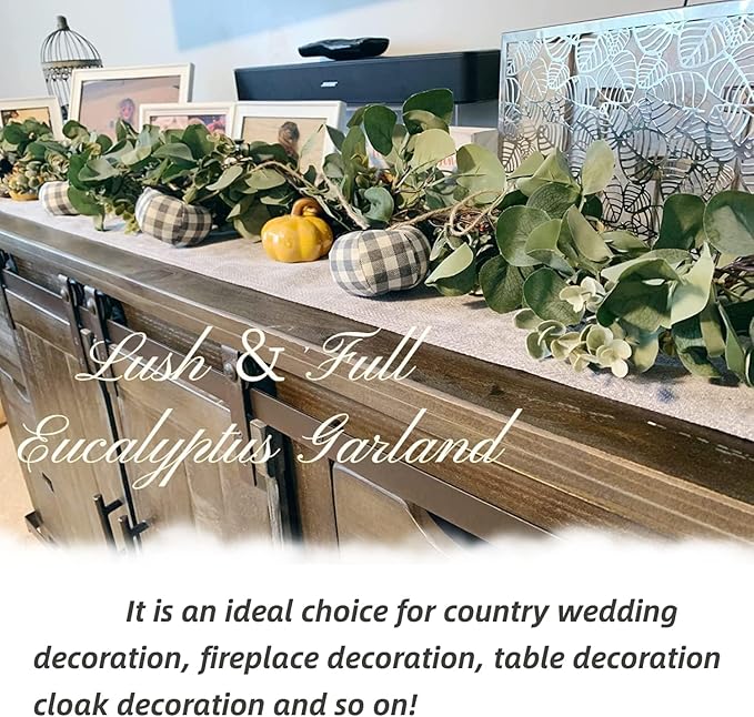 Ouddy Decor 2 Pack Eucalyptus Garland Total 13.1 Ft Lush Silver Dollar Leaves Boxwood Artificial Faux Greenery Vines for Baby Shower Wedding Party Table Runner Room Home Mantle Decor