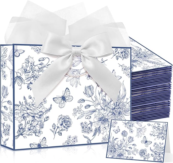 Maitys 12 Pack 13" Large Blue Floral Gift Bags Bulk with Handle, Tissue Papers, Ribbons and Greeting Cards Peony Flower Paper Bags for Wedding Bridesmaid Bridal Shower Engagement Birthday Party Favors