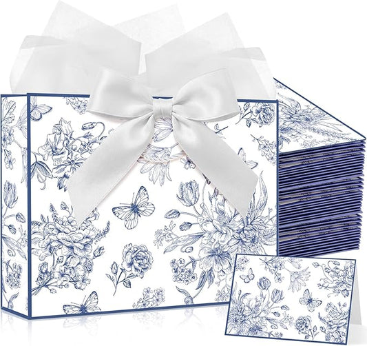 Maitys 12 Pack 13" Large Blue Floral Gift Bags Bulk with Handle, Tissue Papers, Ribbons and Greeting Cards Peony Flower Paper Bags for Wedding Bridesmaid Bridal Shower Engagement Birthday Party Favors